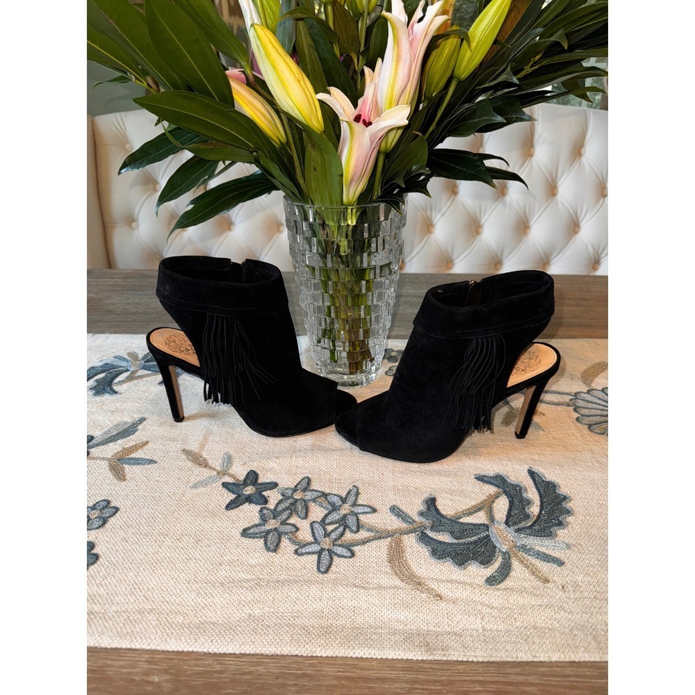 Vince Camuto Black Suede Fringe‎ Open Toe Ankle Booties Heels Size 7.5 - Picture 4 of 9